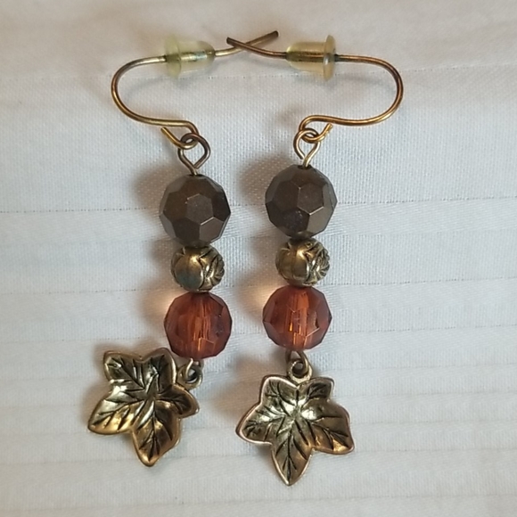 Maple Leaf Bead Drop Earrings Gold - Picture 1 of 5